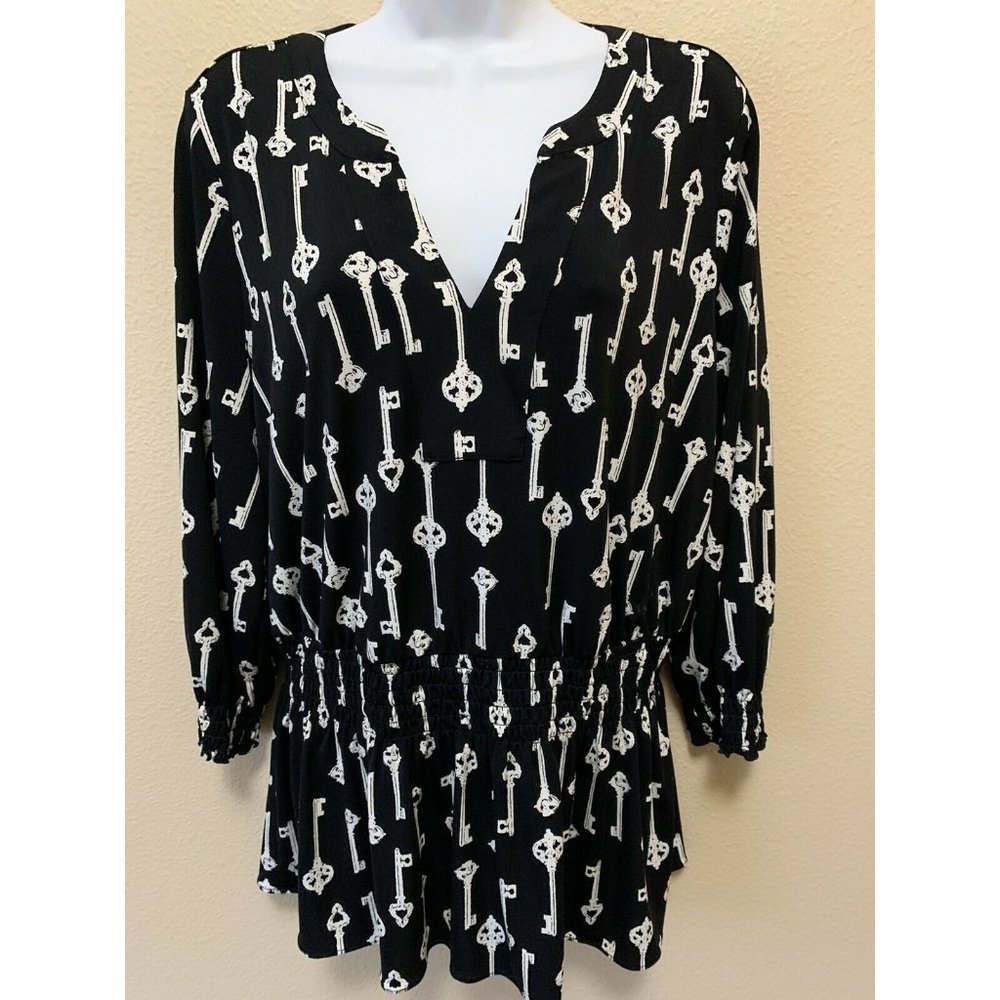 Alfani Dress Blouse Long Sleeve Black White Knit Vintage Key Print Mediu…